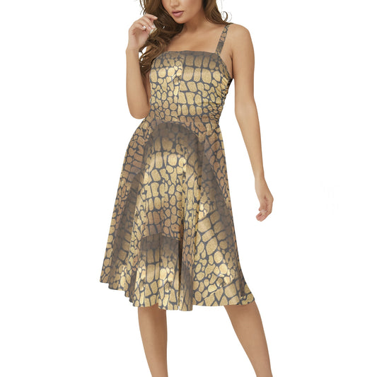 Golden Leopard Sleeveless Square Neck Flare Hem Midi Dress
