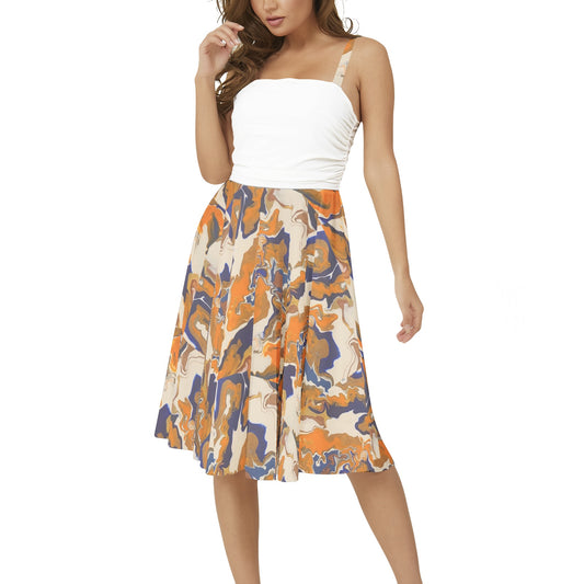 Orange & Blueberry Abstract Sleeveless Square Neck Flare Hem Midi Dress