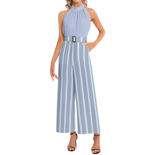 Periwinkle Stripes Halter Neck Buckle Belted Jumpsuit