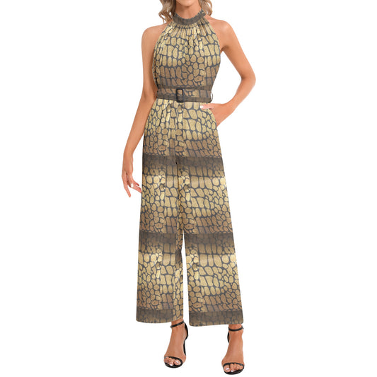 Golden Leopard Halter Neck Buckle Belted Jumpsuit